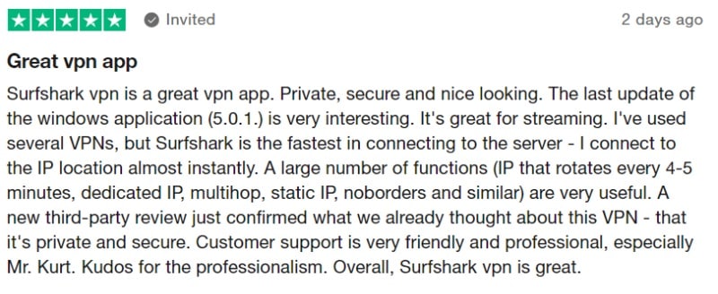 Surfshark Trustpilot review