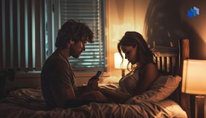 A man looking at his phone with a woman sitting in front of him