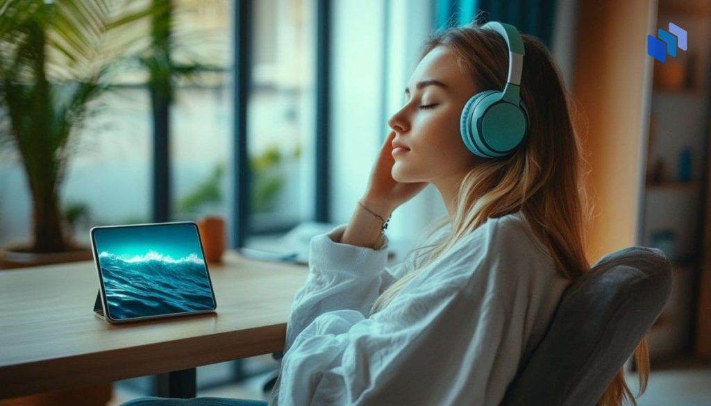 Woman meditating with headphones in an office