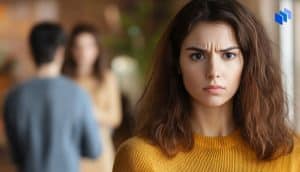 Woman in foreground looking angry with man speaking to another woman in a blurred background