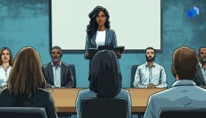 A woman standing and addressing a boardroom with seated men and women