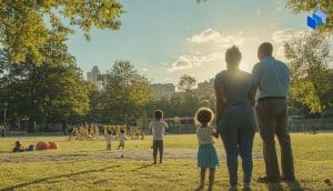 A family watching their kids playing in a park