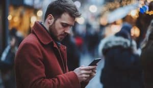 A man looking at his phone while outside